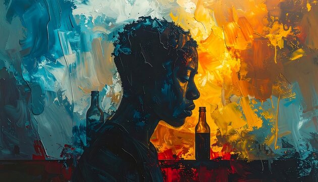 A silhouette of a person against a vivid, abstract background, featuring two bottles. The style is expressionistic