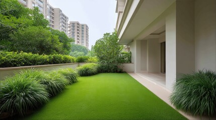 Fototapeta premium Lush Green Lawn in Modern Outdoor Space with Urban Backdrop and Beautiful Landscape Design for Tranquil Living Environment