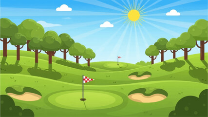 Fototapeta premium A vibrant cartoon illustration of a sunny golf course with green hills, trees, sand bunkers, and golf flags under a bright blue sky.