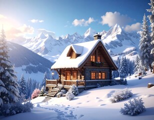 Cozy wooden cabin nestled in a snowy mountain landscape