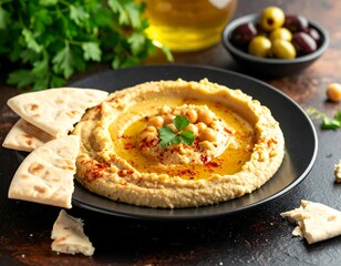 Creamy hummus served with pita, olives, parsley, and olive oil