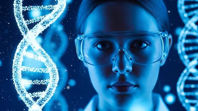 Decoding Life's Code: A focused female scientist peers intently, framed by luminous DNA strands, symbolizing the relentless pursuit of scientific discovery.