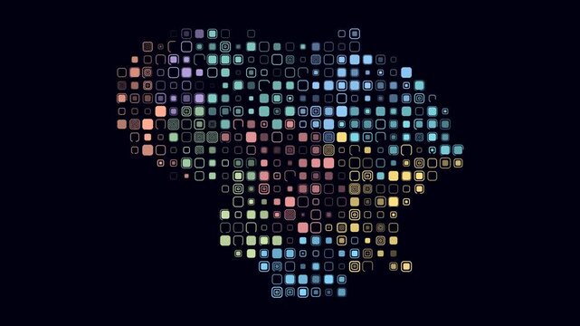 Lithuania map animation. Shape of the country with pulsating colored dots. Large size rounded square blocks. Digital style Lithuania map on dark background. Creative video.