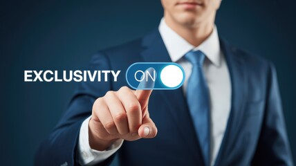 Professional businessman activates exclusivity toggle switch on abstract dark blue background conceptual studio shot