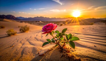 Desert rose flourishing in sunlit landscape, golden hour