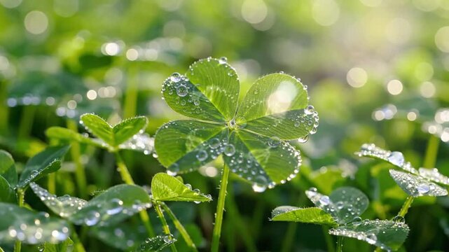 Close-up of a four-leaf clover glistening with morning dew surrounded by other clovers in a field
