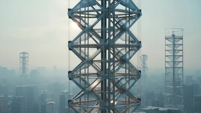 A modular tower built from hexagonal blocks shifts slowly as it follows the sun. Surrounding buildings create a dense skyline filled with towers designed to clean the air in the city