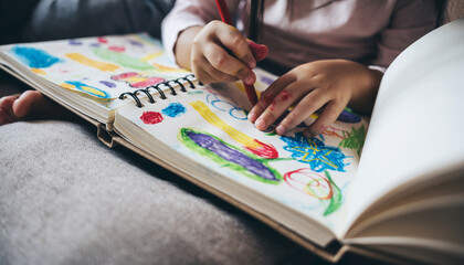 Young artist painting colorful doodles in a sketchbook.