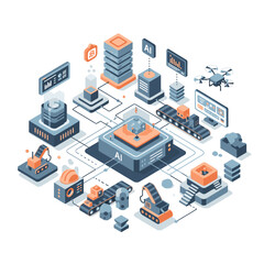 Obraz premium Industrial machinery connected to digital interfaces and data analytics.