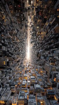 Aerial View of Cityscape at Night with Bright Lights.