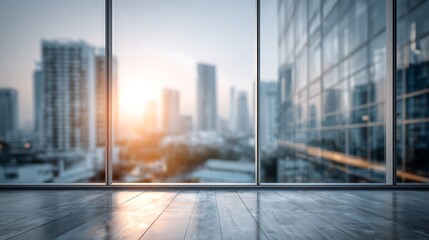 Modern Office Interior by Large Window with Soft Daylight, Blurred City View and Copy Space Representing Trust and Business Vision