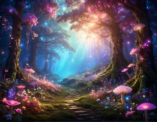 Fototapeta premium A serene forest path lined with vibrant flowers and glowing mushrooms