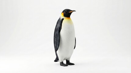 Obraz premium A solitary emperor penguin stands upright against a plain white background, showcasing its distinctive black, white, and yellow plumage.
