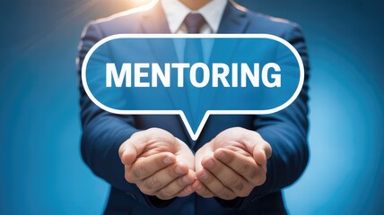Professional person in a suit presenting the word MENTORING in a speech bubble concept of guidance and support