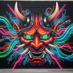 Fototapeta premium Vibrant cyberpunk Oni mask mural with glowing neon circuits and futuristic Japanese demon aesthetics.