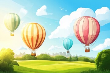 Naklejka premium Colorful Hot Air Balloons Over Green Landscape with City View