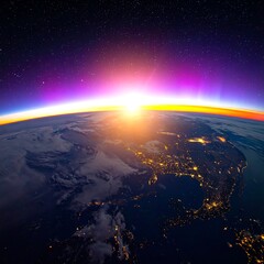 Earth at dawn, showing cities illuminated below. Sunburst creates aurora