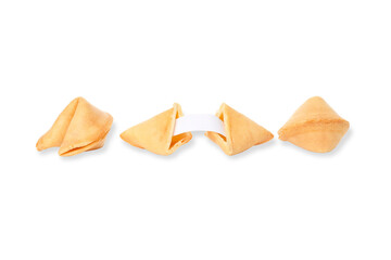Fortune cookies arranged on a plain white background, isolated, PNG