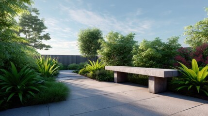 Serene Outdoor Garden Pathway with Minimalist Concrete Bench Surrounded by Lush Greenery and Bright Tropical Plants Under Clear Blue Sky