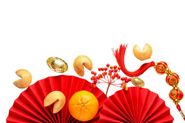 Naklejka premium Gold coin fans, fortune cookies, and citrus, isolated, PNG