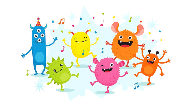 Group of cheerful colorful cartoon monsters dancing happily together.