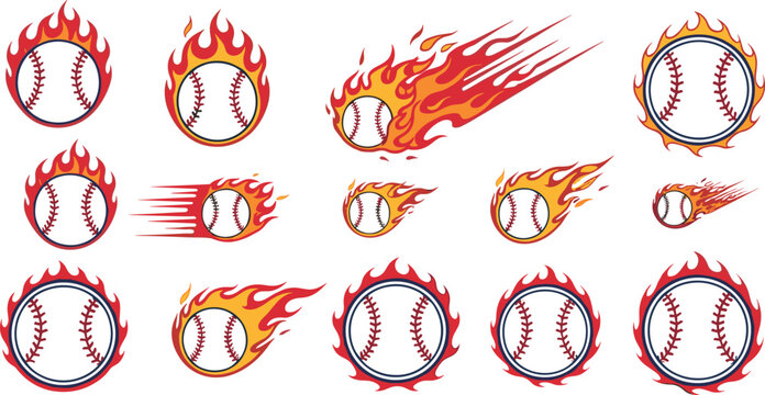 Flaming baseball vector collection with fire trails, burning balls and dynamic sport icons