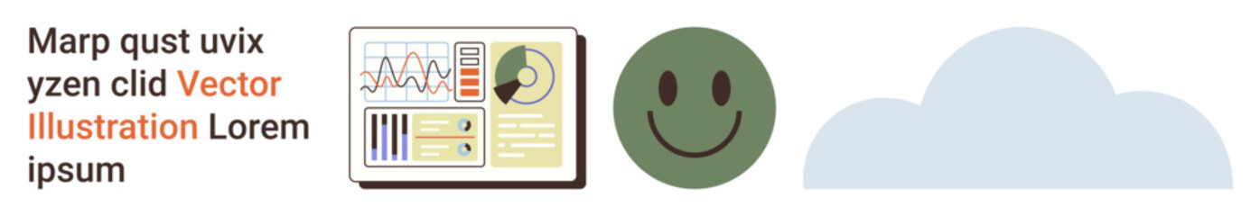 Fototapeta premium Data , technology, mental health, analytics, communication, cloud computing. Graphical data screen, smiling face and cloud illustration. Data ation and technology concept