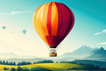 Fototapeta premium Colorful Hot Air Balloon Over Scenic Green Landscape