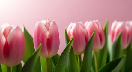 Obraz premium Pink tulips in bloom against a soft pink background