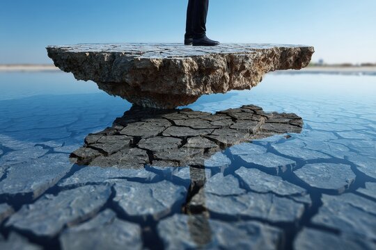 Person standing on floating cracked ground in stock images