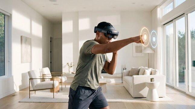 Man engaged in an immersive mixed reality fitness session at home, performing virtual boxing exercises with advanced wearable technology in a bright, modern living room setting