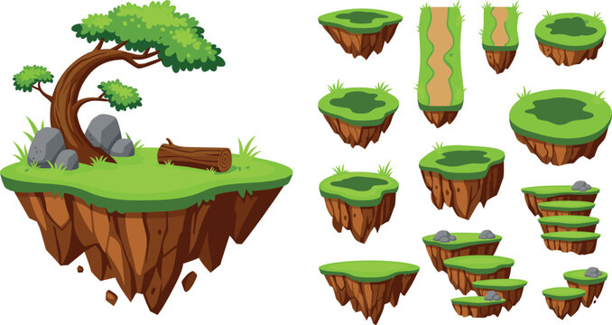 Floating grass island and modular platform vector set with tree and rocks for platformer game level design