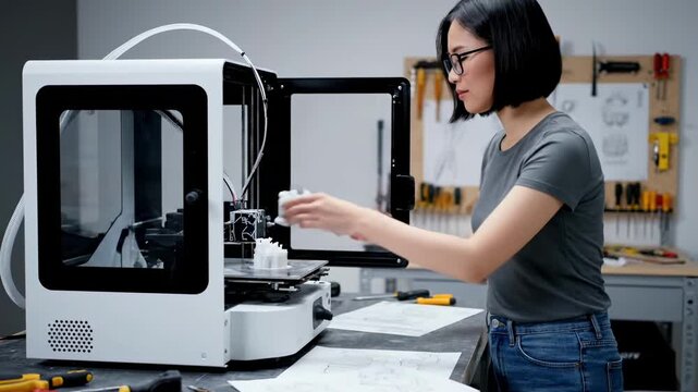 Woman operating a 3D printer in a workshop environment.