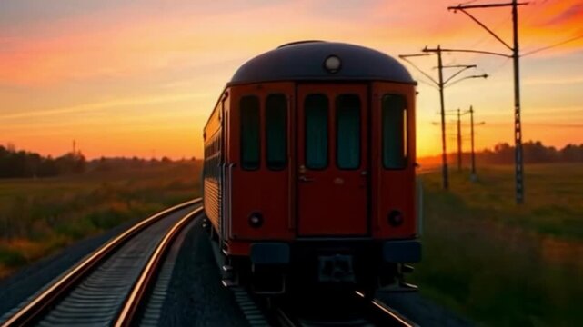 A red train travels on railway tracks through a vast field at a beautiful sunset.