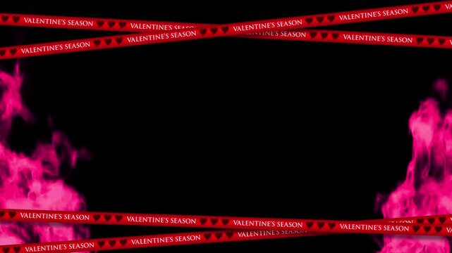 Romantic Valentine frame background with purple flames and heart ribbons, seamless loop