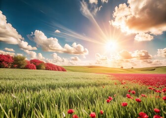 Vibrant green meadow under a brilliant blue sky, showcasing natural beauty and serene landscapes