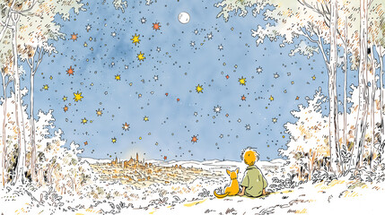 Fototapeta premium 星空を見上げる犬と少年