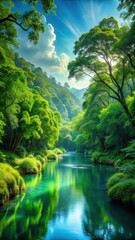 Serene forest oasis unfolds as a tranquil river meanders lazily through a tapestry of emerald greens and vibrant foliage