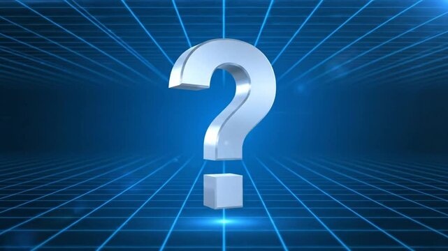 Futuristic 3D Silver Question Mark Floating Against a Blue Grid Background with Light Flare