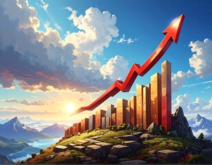 Financial growth concept with chart and rising arrow over a landscape