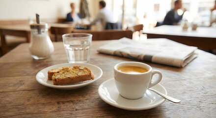 A close-up shot of a wooden table in a cafe with a cup of coffee, a glass of water, a sugar dispenser, a plate of cake, and a newspaper, with blurred people in the background.