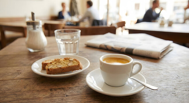 A close-up shot of a wooden table in a cafe with a cup of coffee, a glass of water, a sugar dispenser, a plate of cake, and a newspaper, with blurred people in the background.