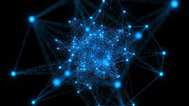 Complex network structure with interconnected blue nodes and lines against a dark background.