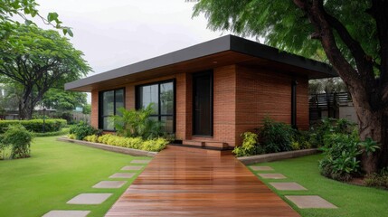 Modern architectural design of a stylish house surrounded by lush greenery featuring wooden pathway and large windows under a cloudy sky in summer