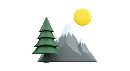 3D Cartoon Style Mountain Landscape with Tree and Sun
