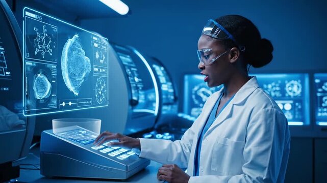 Female scientist analyzing medical data on a futuristic computer interface.