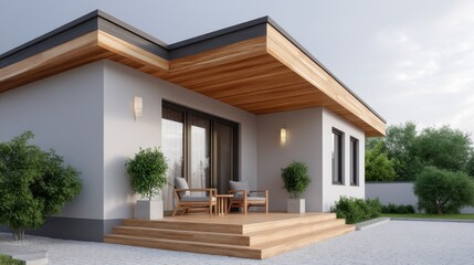 Fototapeta premium Modern architectural design of a stylish house featuring wooden accents, spacious porch, and beautiful landscaping under a clear sky in a serene environment