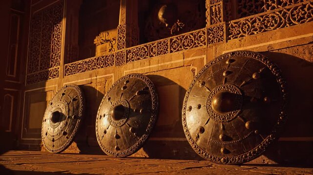 Three Historical Indian Shields Against Palace Wall Dramatic Lighting
