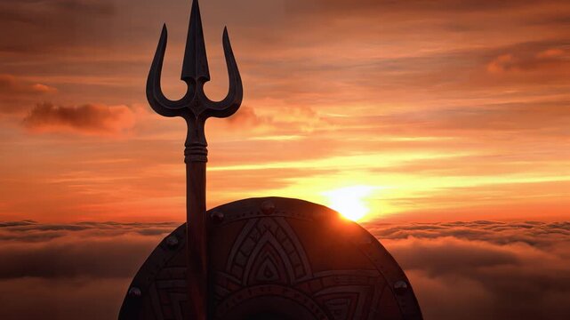 Majestic Trishula and Shield Against Epic Sunset Over Clouds