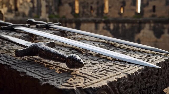 Ancient Indian Swords on Carved Stone in Historic Fort Sunlight